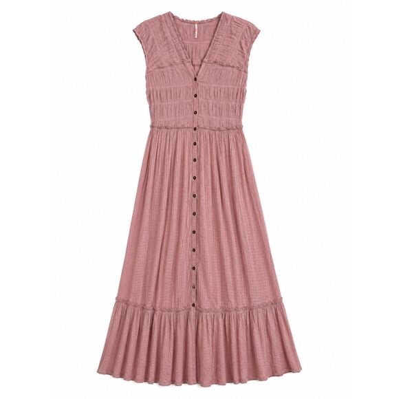 Free People Dresses & Skirts - Free People Midi Dress Sz Medium Desert Dazed Pink Cotton Short Sleeve Smocked